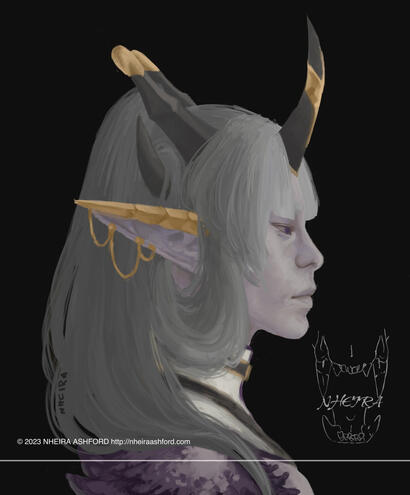 This character is Zenobia and she is a dragon! She belongs to isang90! In this portrait she's facing to the right and you can only see one half of her face. She wears long ear cuffs that cover the entire upper portion, with chains hanging from the bottom h