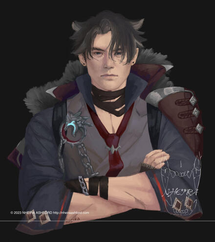 A character, Wriothesley, from Genshin Impact. He is staring the viewer down with his arms folded and a neutral expression. He is wearing his usual outfit, messy burgundy tie included.