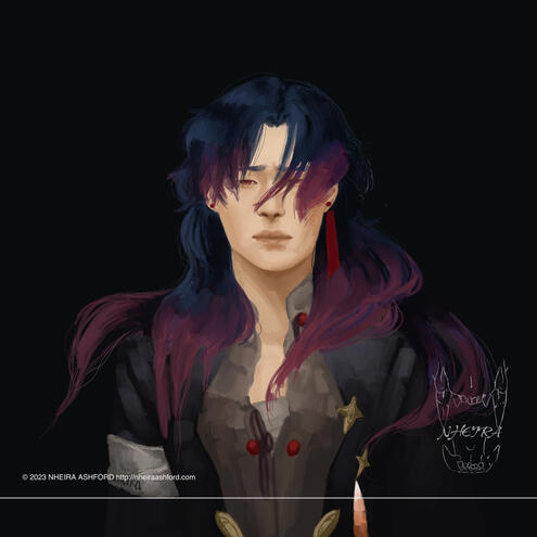 A headshot of a character with dark blue and red ombre style hair that's flared out around him. He has a sad expression. He wears a two colored top that's opened partway; gold and a blackish blue. He wears a single red tassel earring.