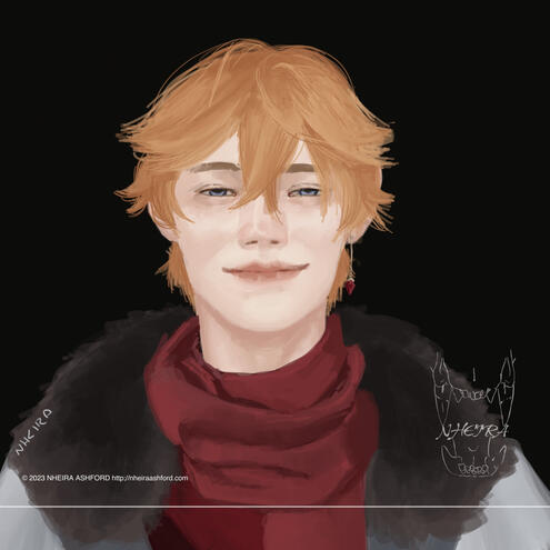 An image of a redhead with a smile on his face. He's wearing a fur lined coat and underneath that a burgundy scarf wrapped around his neck. His expression seems a little blank and not true to his character. Strained, almost.