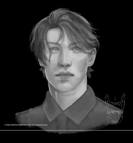 Portrait - This is a character from Archosaur’s newest game “ Life Makeover “. He’s looking straight at the viewer and is drawn in grayscale. He wears a collared shirt and has short hair swept to one side. His name is Gerald.
