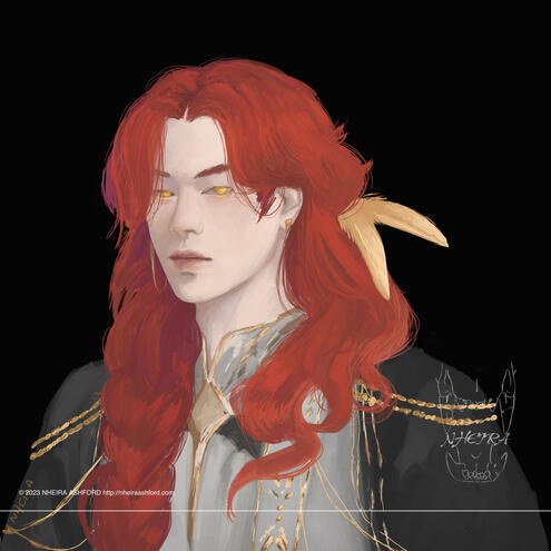 A headshot of a character with vibrant, bright red hair that's done up on a braid on one side. He has obscenely pale skin and red lips. His clothing is a mix of blacks and whites, embellished in gold bits n bobs.