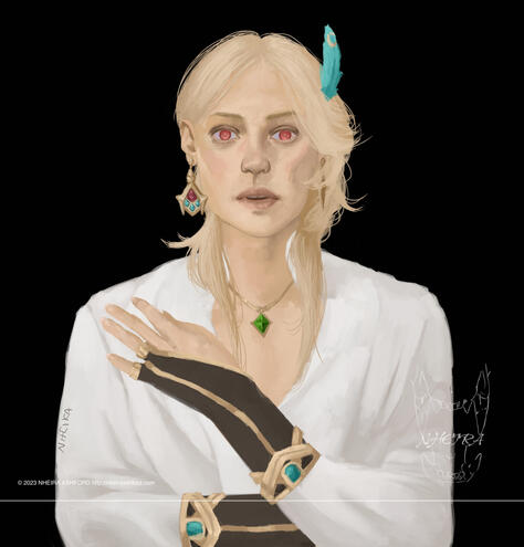 A portrait of a somewhat pale blonde character who has a hand resting on his own shoulder. He has a surprised/shocked expression, his red eyes wide. He wears a single piece of jewelry that is in the shape of AlHaitham's green chest gem.