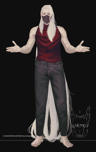 Character: EX-FUNERAL. He’s standing with his arms held out, bent at the elbows. He wears a metal mask over the lower half of his face, along with a cowl necked deep red shirt and plain gray-ish black pants. His hair trails out behind him.