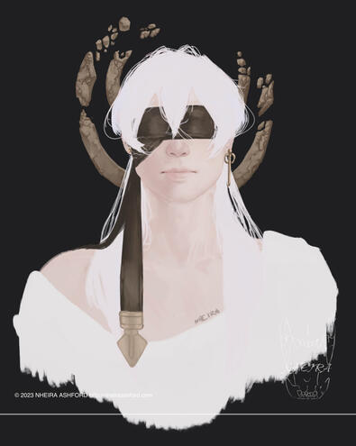 A drawing of a character facing forward. He is looking at the viewer. Behind him is a crumbling rock-like halo with two rings. His eyes consist of white sclera, no pupil or iris. He has long white hair and a plain off the shoulder robe.