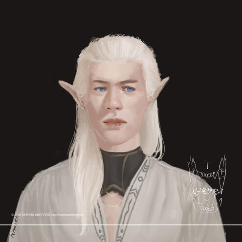 A digital painting of an elf character with long, platinum blonde hair. He has striking blue eyes. This character wears an off-white tunic style shirt, a black gold detailed ( simple ) collar type piece underneath.
