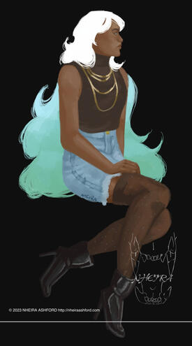 This is a full body portrait of a character that is sitting with their legs shifted slightly to one side. They wear a pale blue washed out pair of jeans shorts and a black turtleneck style shirt. They also wear partly transparent stockings that go up over