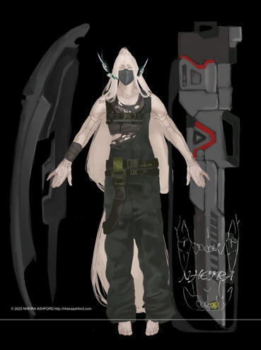 Character: Ex FUNERAL. He’s standing with his arms extended a bit to either side, the backs of his hands visible. He wears a metal mask over the lower half of his face, along with a dark green jumpsuit. His signature weapons are pictured here; a railgun on