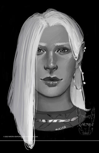 A digital painting of a long haired woman, she is drawn in grayscale. This is an updated version of the original piece. In this image, her hair is stark white and her skin a light gray. She wears a tight necked top and a shiny necklace that has high reflec