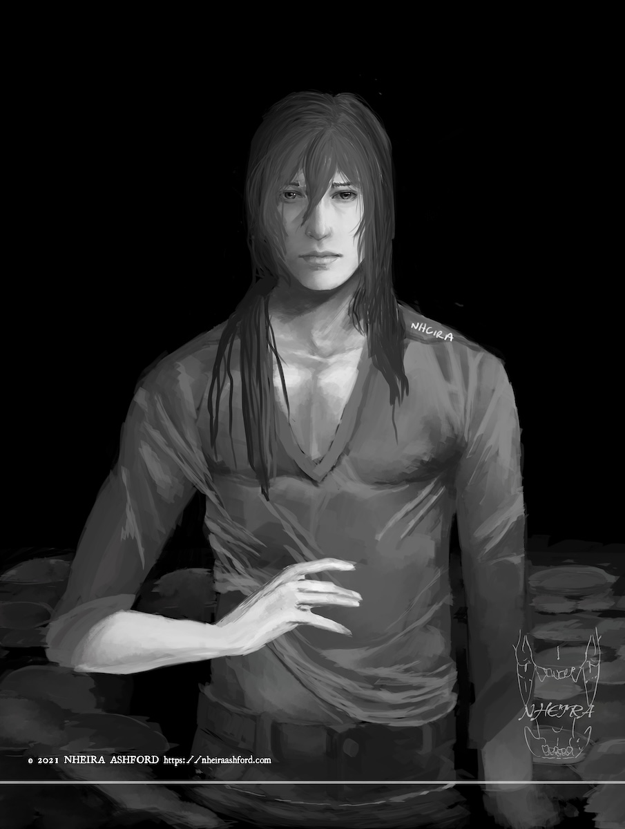 A waist-up portrait of Diluc from Genshin Impact, drawn in grayscale. He is standing in a very dark pool of water, surrounded by lilypads. He is wearing a simple low cut shirt and regular trousers, both of which are soaked through. His hair hangs loose and clings to his skin where it can, wet from the water.