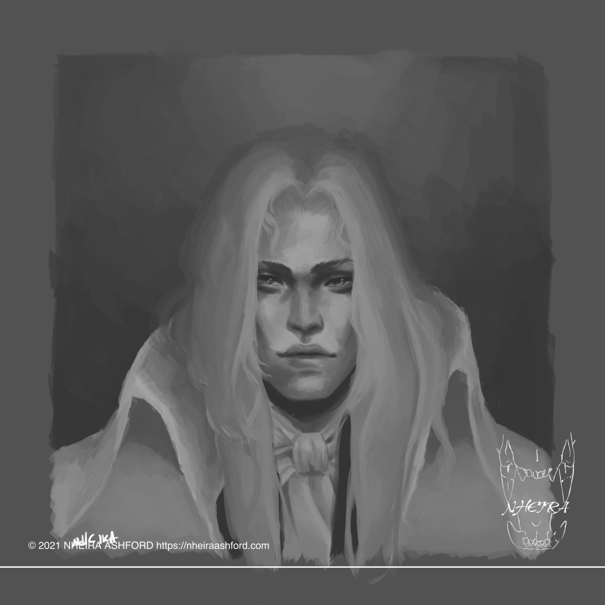 A portrait of Alucard from Castlevania drawn in grayscale. He has long hair framing his face and he wears a very high necked cloak. Underneath that he wears a knotted tie. Behind him is a smoky background that is lighter at the top, darker at the bottom.