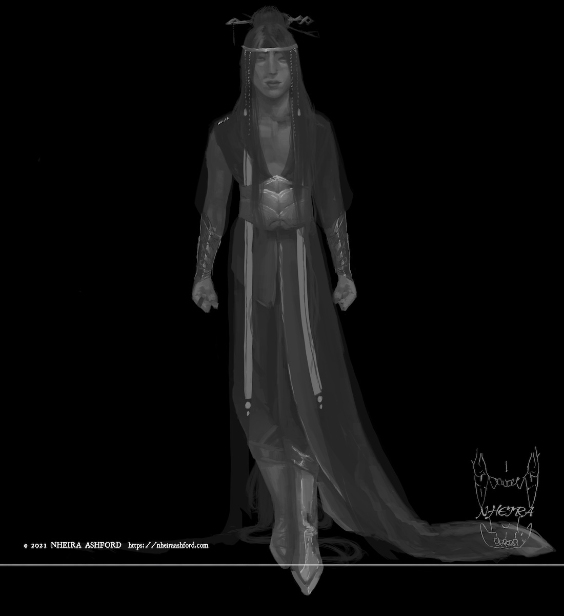 A fullbody portrait of a masculine character that is drawn in grayscale. He has long hair that is tied up in the back and he wears clothing heavily influenced by traditional chinese designs. He wears knee high boots and polished wrist bracers.