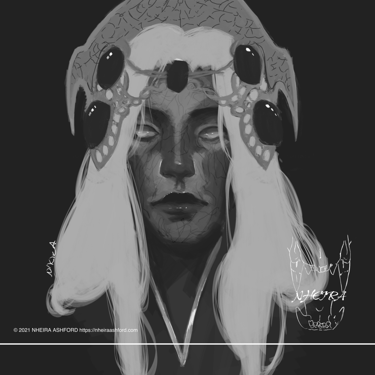 A portrait of a woman drawn in grayscale. She wears a very ornate crown that has multiple large gems; two on each side, one in the middle. She has long hair that falls to her shoulders in the front. Her pupils/irises are almost entirely invisible in this drawing. 