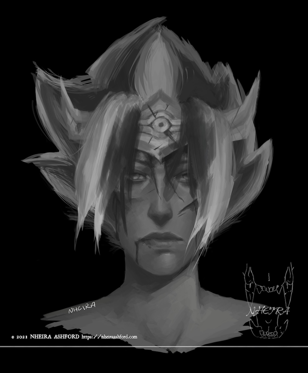A portrait of Atem from Yu-Gi-Oh! drawn in grayscale and in a less realisic style. He is seen wearing his crown, but no other jewelry. There are streaks of blood on his face although no visible significant injury. There is also blood in his hair.