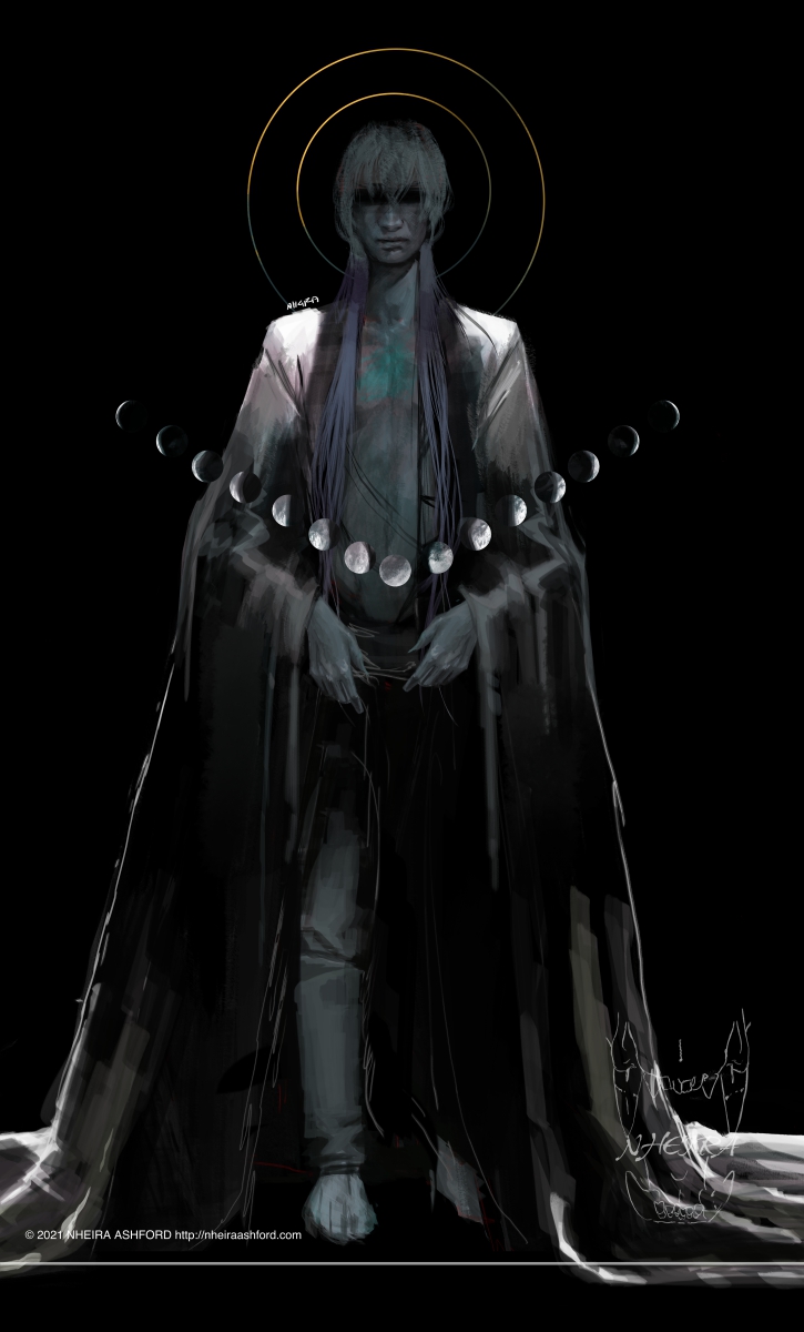 A fullbody portrait of a humanoid character that has very little color to him. He is drawn in mostly very desaturated blues, greens and grays. There is very harsh lighting atop his shoulders and around the cloak that falls to his feet. Behind him is a gold twin halo and over his loosely folded hands is the entire series of moon phases.