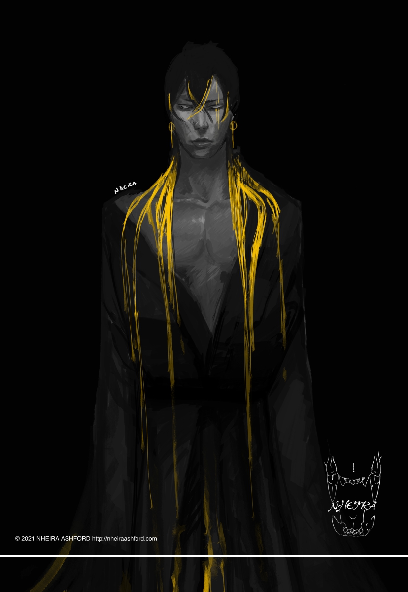 A knee-up portrait of a humanoid character that is mostly drawn in grayscale save for some pops of gold. He wears a very loose fitting robe that is falling off his shoulders and has long hair that blends into golden streaks.