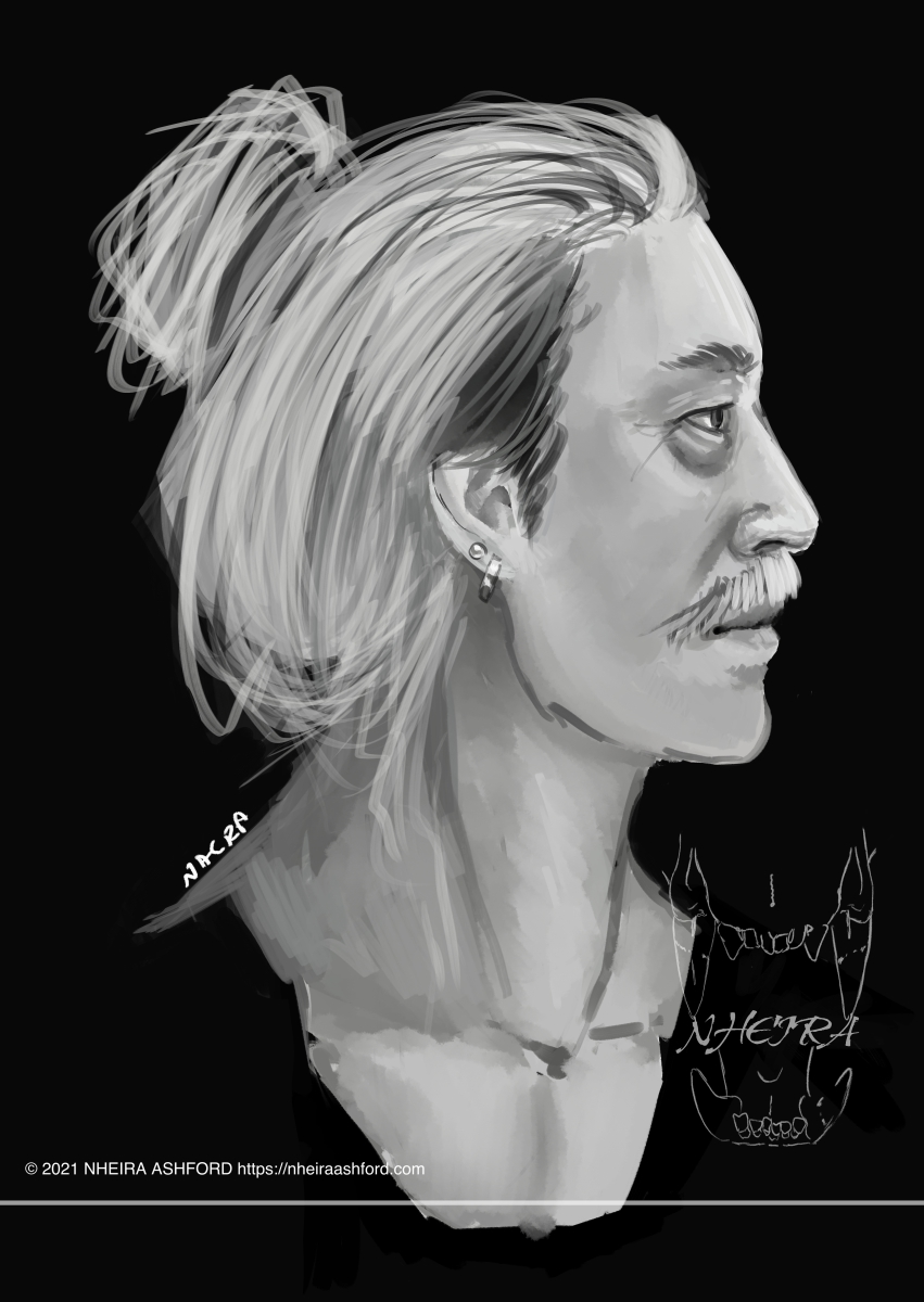 A portrait of a man that is drawn in grayscale. He is facing to his left. He's a character that is up in age. His long hair is tied up in a bun and he has a neatly trimmed moustache. There are two visible piercings in his ear that are highly polished.