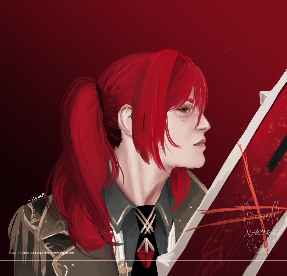 A portrait of Diluc from Genshin Impact. His head is turned to the side but he is looking back at the viewer. He holds his signature sword in frame.