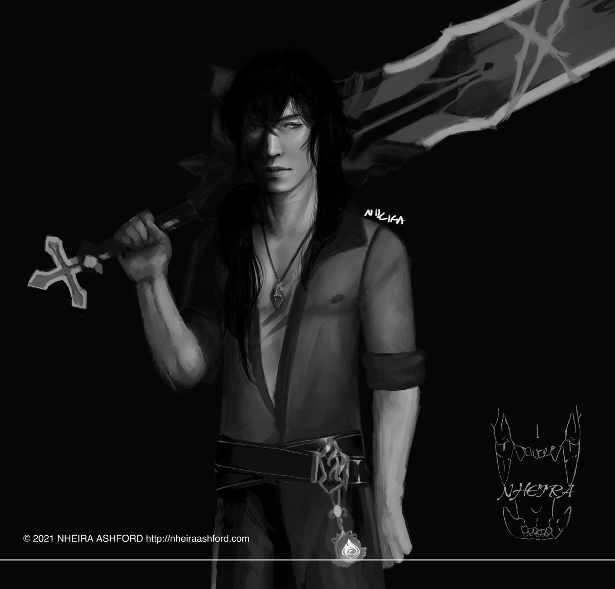 A knee up portrait of Diluc from Genshin Impact drawn in grayscale. This character is drawn with his signature sword resting over his shoulder. He wears a see-through shirt that has long sleeves rolled up to his elbows. He wears the brooch normally pinned to his cravat as a pendant on a chain.