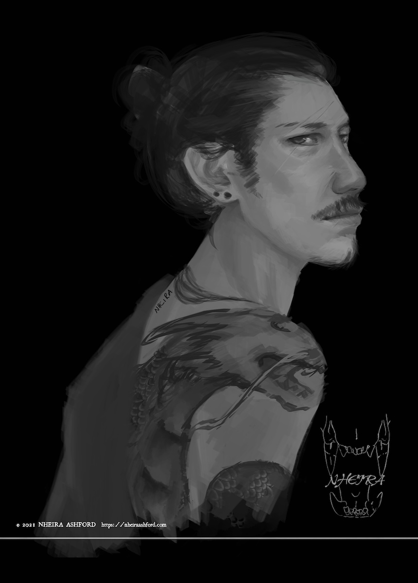 A portrait of a man drawn in grayscale. His hair is long and is tied up in a bun. He has a dragon tattoo winding around his shoulder and back although only a very small part of it is visible. He wears his shirt half-off, hiding some of the dragon. His body is mostly facing away from the viewer although he is glancing back, head turned towards the viewer.