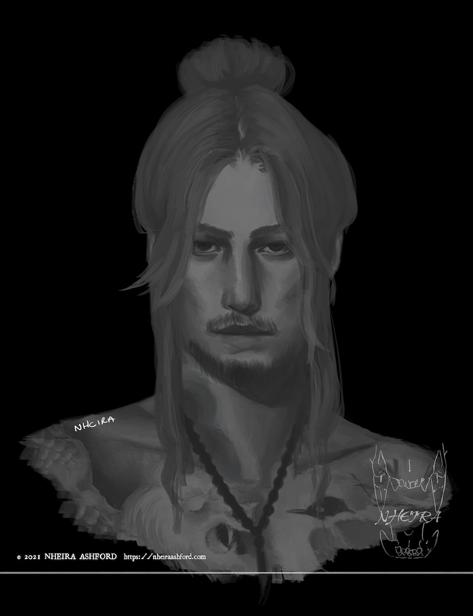 A portait of a long haired man with faded tattoos on his chest, drawn in grayscale. Most of his hair is tied up in a bun. His tattoos depict a phoenix and a dragon, one on each side. Around his neck he wears a beaded talisman. 