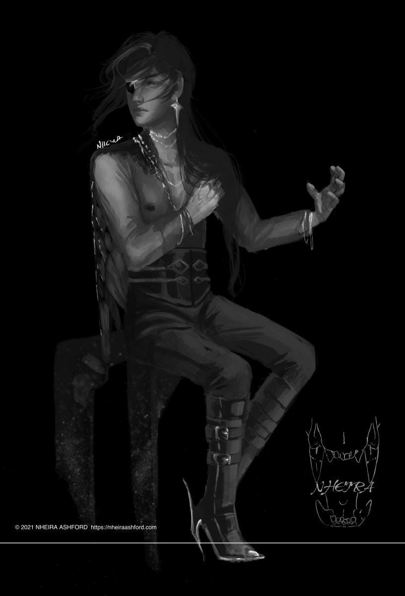 A fullbody portrait of Kaeya from Genshin Impact drawn in grayscale. He is not wearing his usual outfit. He is wearing a semi-transparent shirt with glittery embellishments and he wears spiked boots that have very pointed heels. He is sitting on an invisible bench.