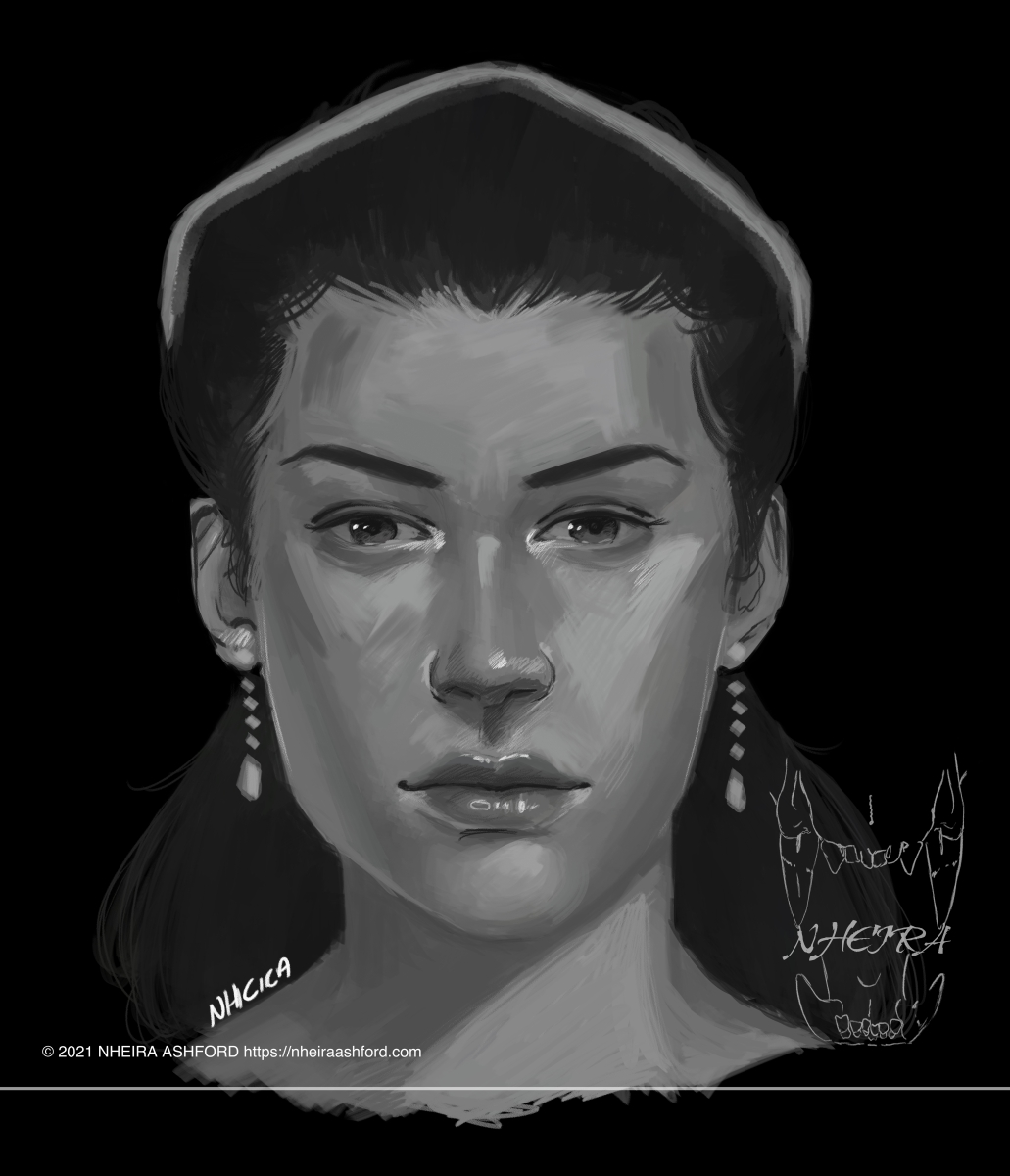 A portrait of a woman drawn in grayscale with long hair that is mostly pulled back. She wears a simple headband and dangle earrings with tear-drop beads on the end. She has very defined brows very thin winged eyeliner on.