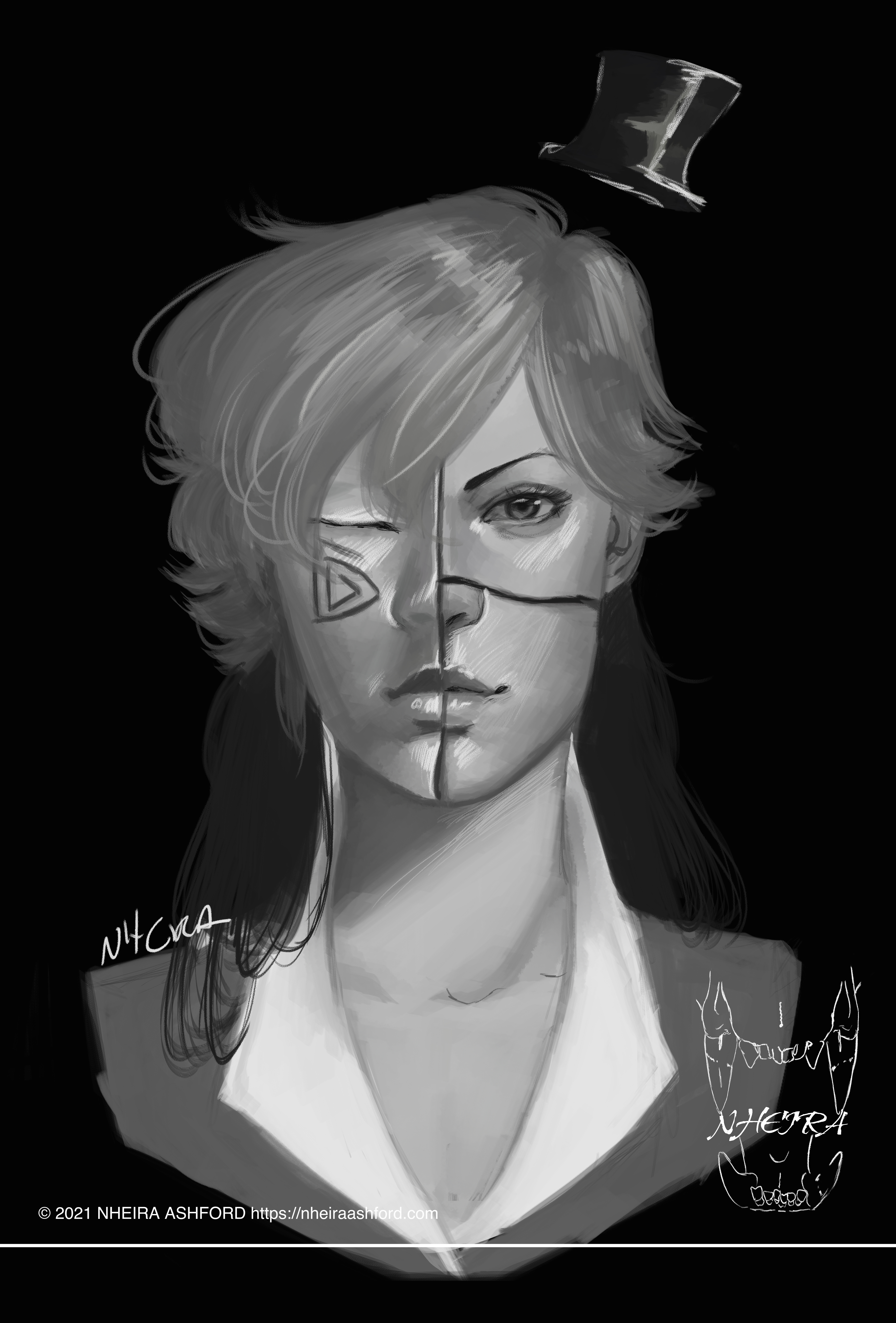 A portrait of a woman drawn in grayscale with long two toned hair. The top portion is light while the pieces hanging around her shoulders is dark. Part of her face is covered in a mask that has a triangular motif its cheek area. Atop her head she wears a tiny top hat.