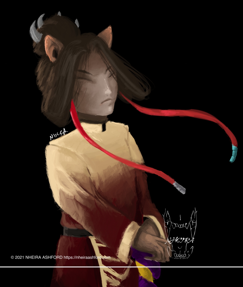 A waist up portrait of an animal character that has very light fur on their face and hands. Their hair is a dark brown and is tied up in a bun, held in place with a silver spiked pin. Two long red strips of ribbon hang from their hair. Her outfit is a mix of gold and red.