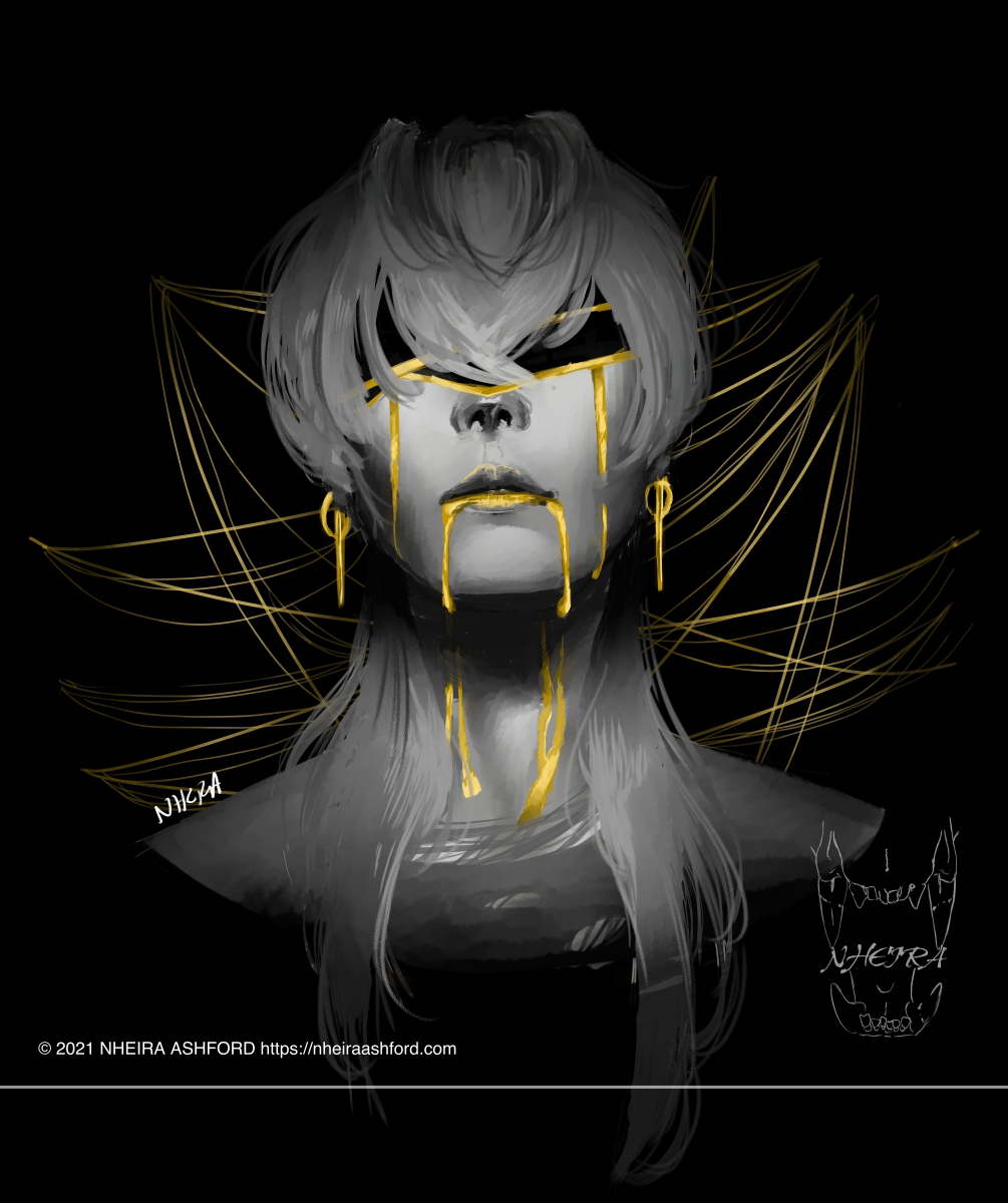 A portrait of a character that is mostly drawn in grayscale except for pops of gold, some of which is made to look like blood falling from their mouth. There is some gold disorganized spiderwebbing in the background.
