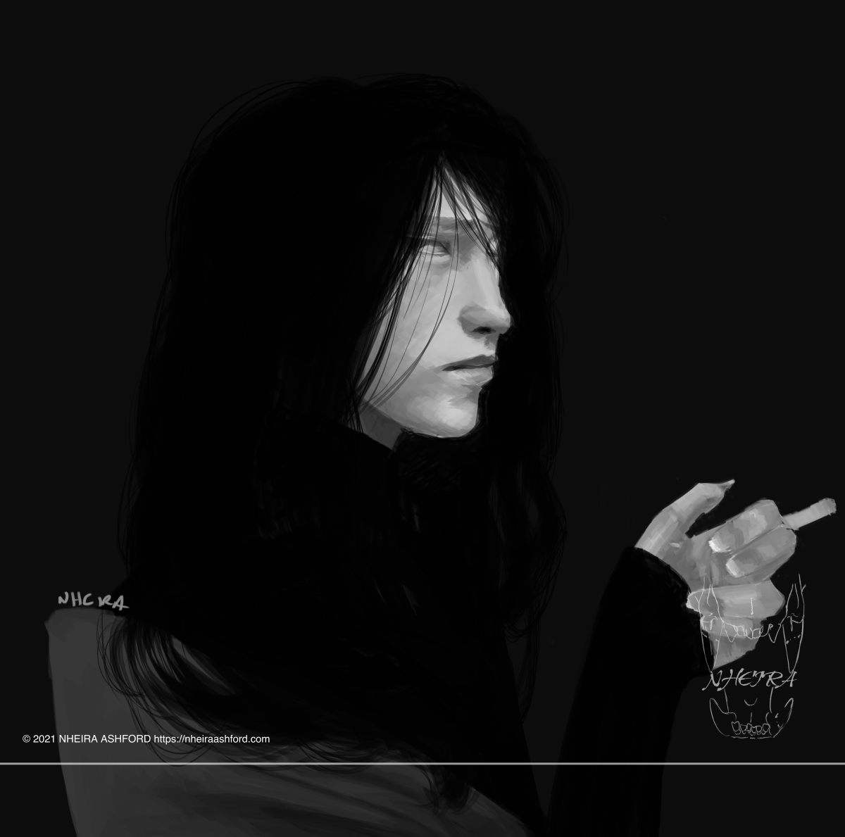 A portrait of a long haired character that is drawn in grayscale. They are posed in a side profile, looking out the corner of their eye at the viewer. In one hand they hold a cigarette. They are wearing a high necked long sleeve shirt.