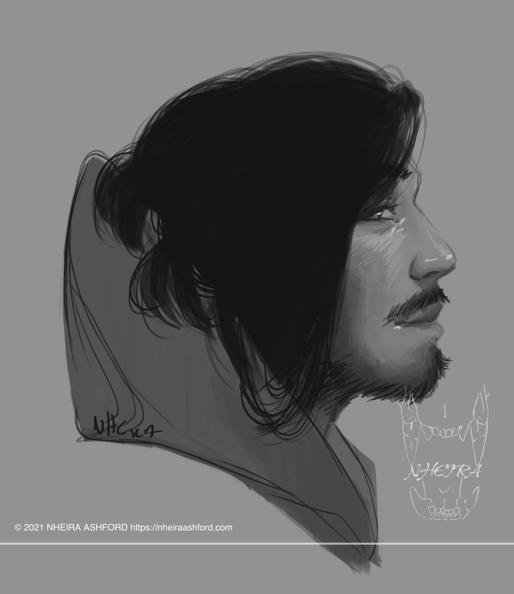 A portrait of a man that is drawn in grayscale and is posed in a side profile. He has long fluffy hair that spills out from the hood of a cloak he is wearing. He is looking at the viewer out the corner of his eye. 