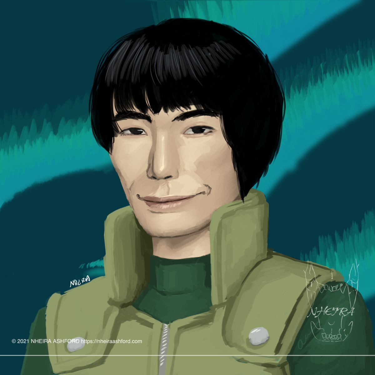 A portrait of an older Rock Lee from Naruto. He is drawn with his signature thick brows and bowl-cut style hairdo. He's also seen wearing the green vest that squad leaders from the Leaf Village usually wear. Behind him is an aurora styled background made of teals and aqua-greens. 