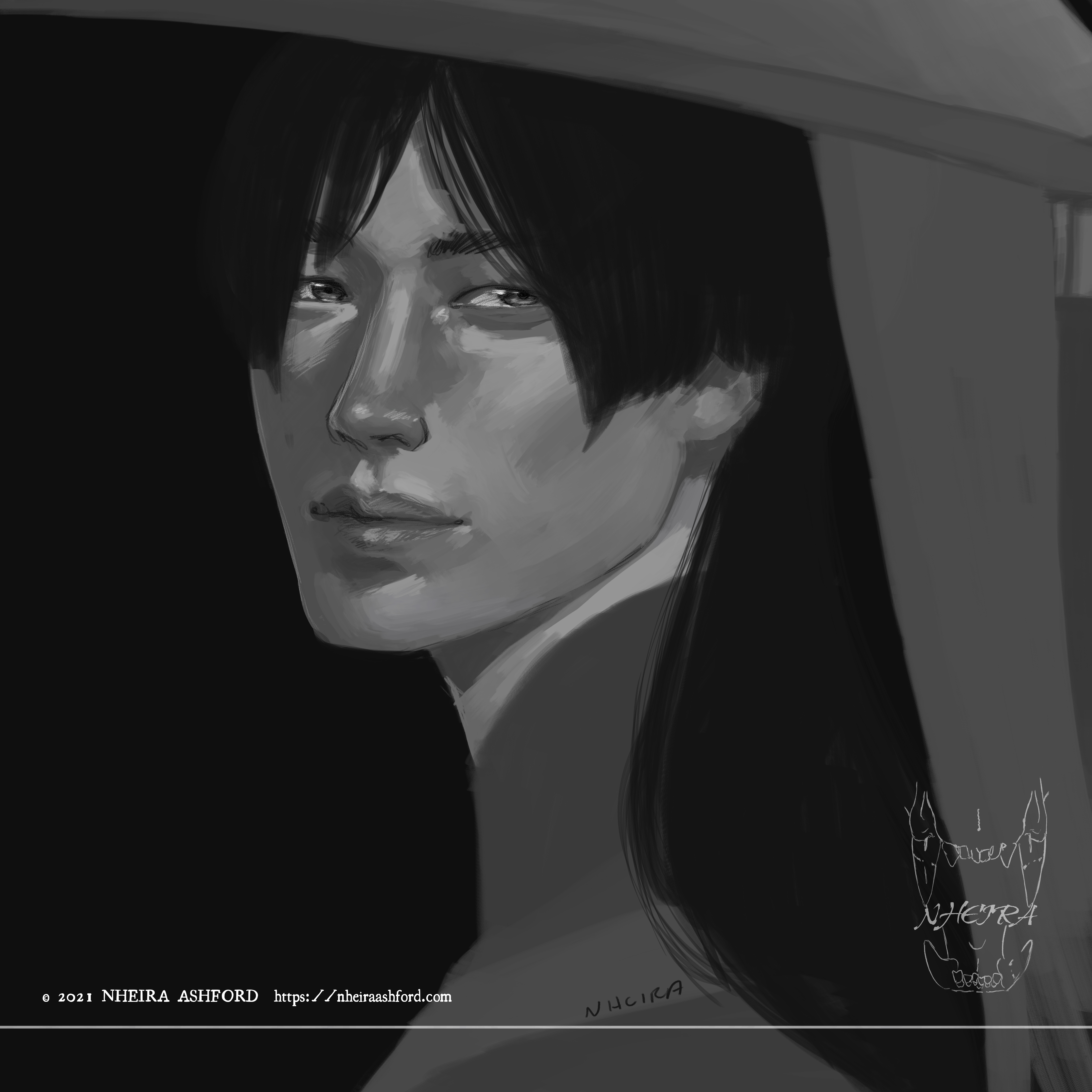 A portrait of Scaramouche from Genshin Impact drawn in grayscale. This is the updated version of the drawing. He is wearing an unmarked broad brimmed hat that has swathes of fabric hanging from the back. His hair is also long in the back and he appears significantly older than what he looks like in-game.