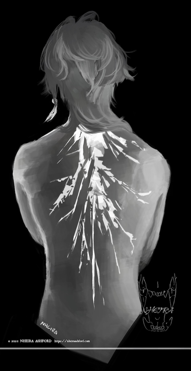 A portrait of Aether from Genshin Impact drawn in grayscale. This drawing is of him with his back to the viewer, completely bare. His hair is pulled to one side, giving a clearer view of the lightning scar running down the center of his his back. The scar starts at the base of his neck. He is wearing his signature feather earring.