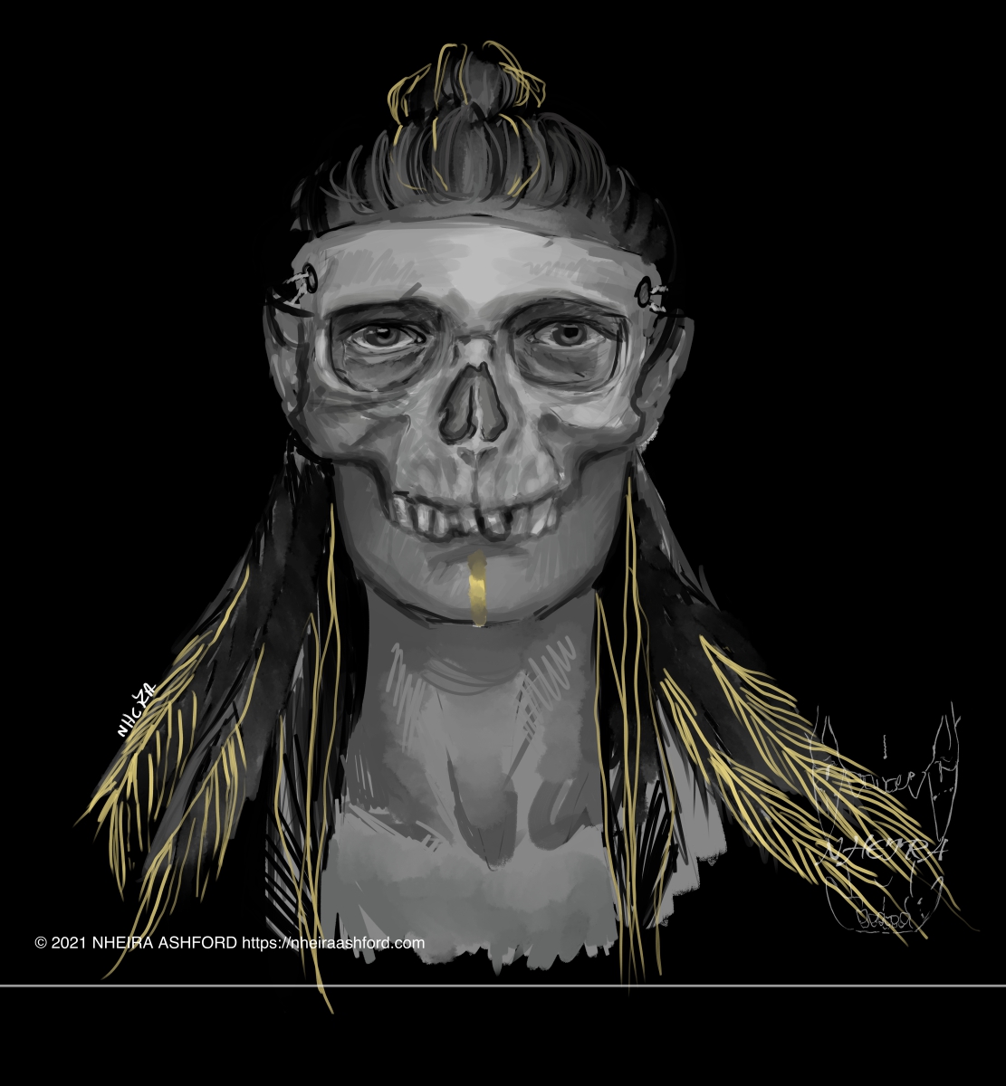 A portrait of a person drawn in grayscale with pops of yellow color. They wear a half mask that covers the upper portion of their face and its made to look like a skull. There are large feathers embellished with gold attached to their hair in the back, hanging down.