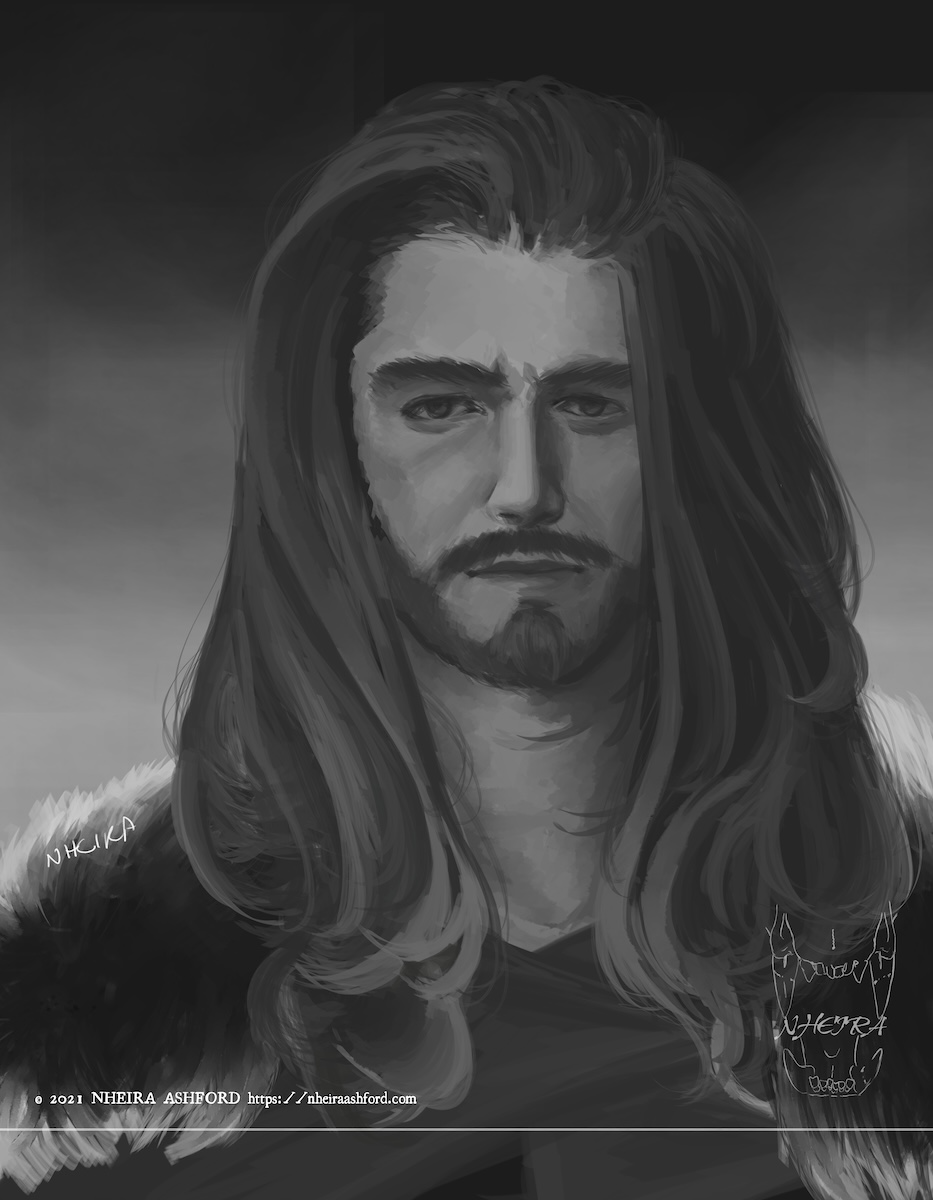 A portrait of a long haired man drawn in grayscale. He has thick voluminous hair that falls over his shoulders, streaked with lighter shades of gray. He wears a furred cloak that hangs on his shoulders. His moustache and beard are slightly darker than his hair. The background behind him is a gradient; light at the bottom, dark at the top.