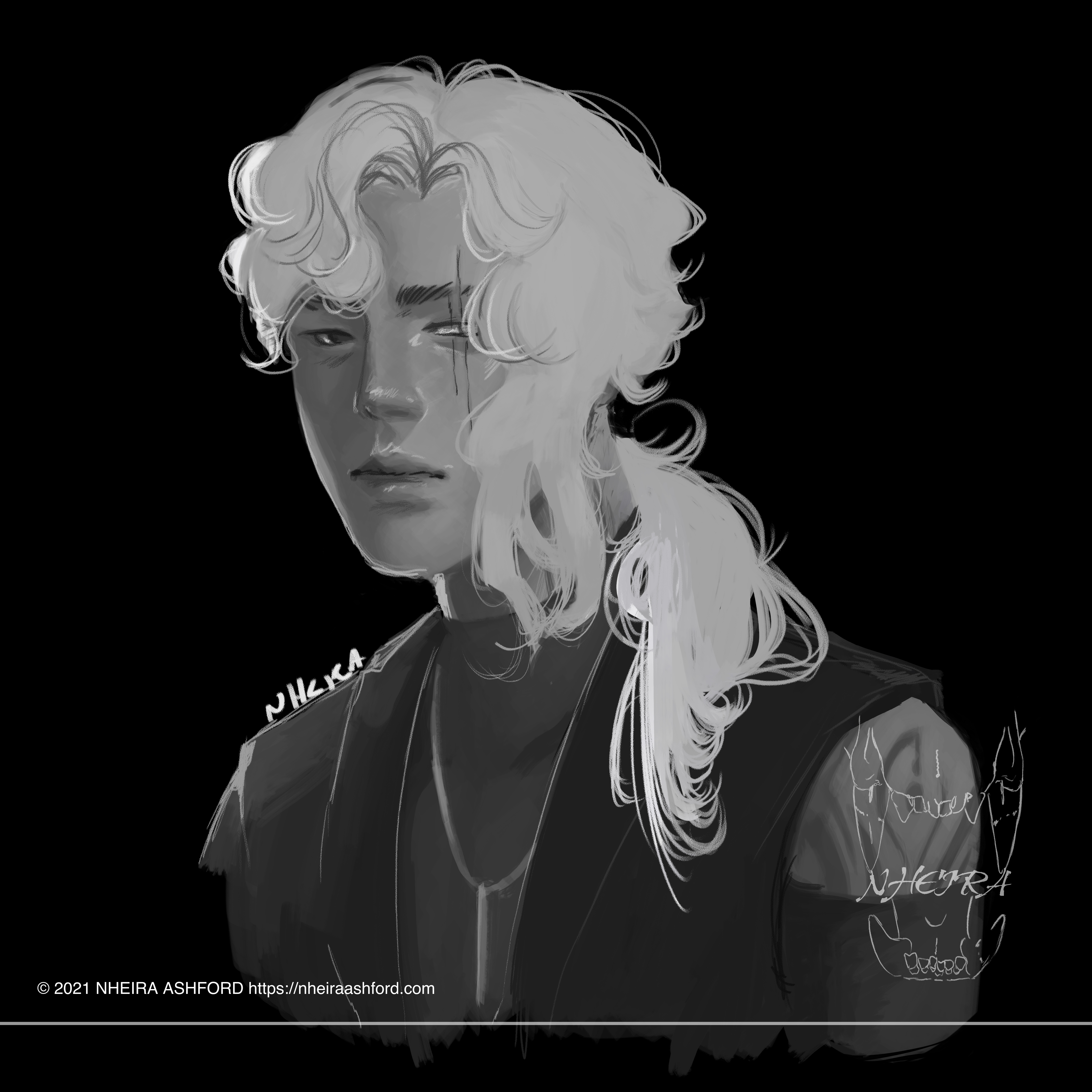 A portrait of a character that is drawn in grayscale with long fluffy hair that is tied to one side. They have a two lined scar that runs through one of their eyes. They wear a simple vest and shirt that leaves their left shoulder exposed. Part of a swirly tattoo can be seen.