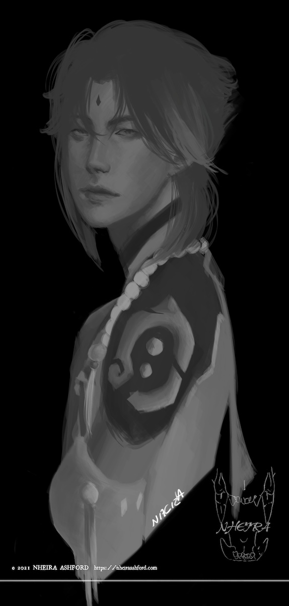 A portrait of Xiao from Genshin Impact drawn in grayscale. He is posed in a side profile although his head is turned and he is looking more at the viewer. He has short hair in the back, but has bits of longer hair around his face and neck. He is wearing his usual outfit.