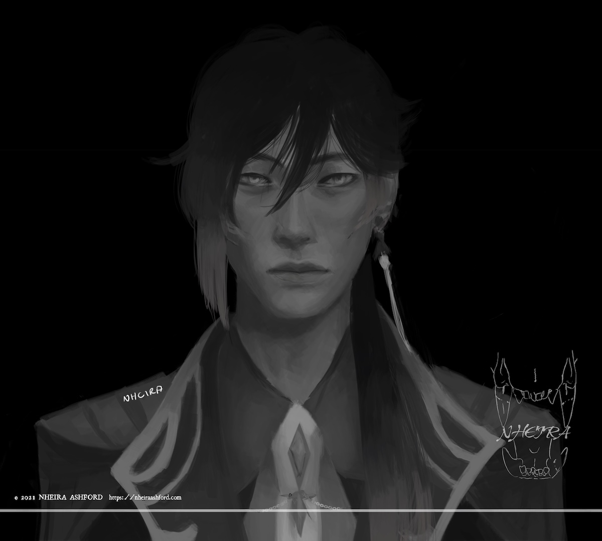 A portrait of Zhongli from Genshin Impact and is drawn in grayscale. He is seen wearing his signature coat and tassel earring. He is staring straight ahead at the viewer. 