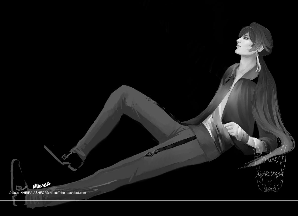 A fullbody portrait of Zhongli from Genshin Impact, drawn prior to the character's in-game release. He is drawn in grayscale. There are outfit discrepancies as a result of only having splash art as a reference. He is seen in his signature trousers but his shirt is a simple collared shirt.