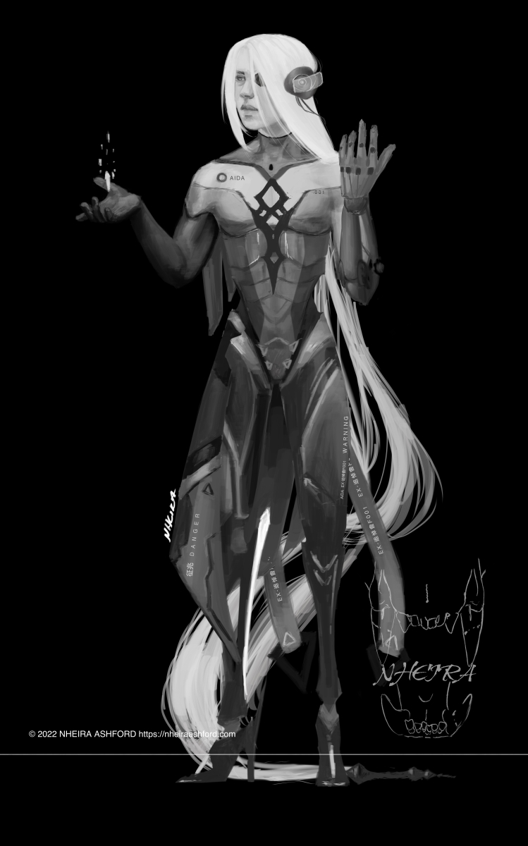 A fullbody portrait of an android character that has more mechanical looking legs and a more human upper body. His left arm matches the style of his legs. He has long white hair that trails behind him and wears a headset.