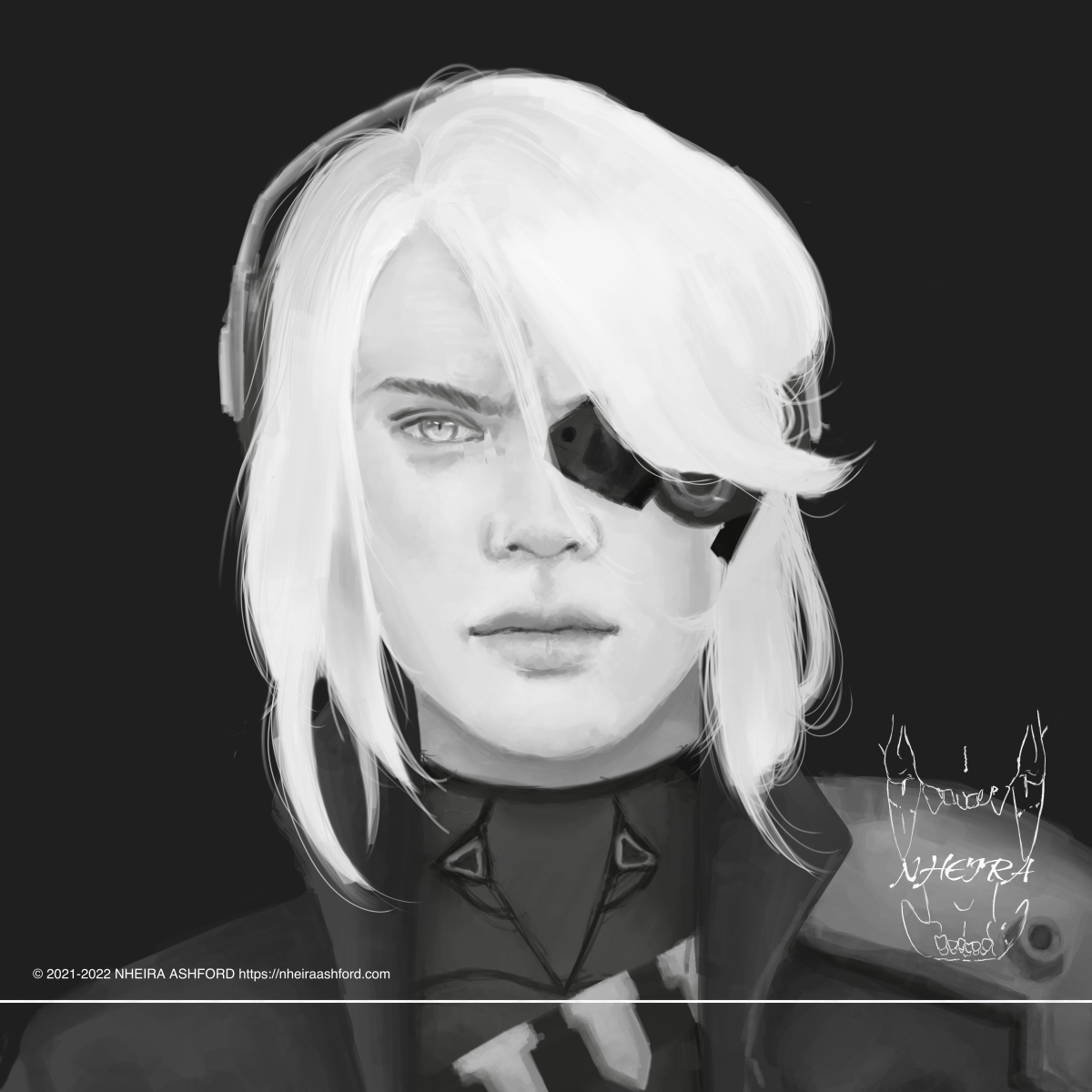 A portrait of a character that is drawn in grayscale. This character has one eye visible and wears a headset. Their outfit seems very futuristic.