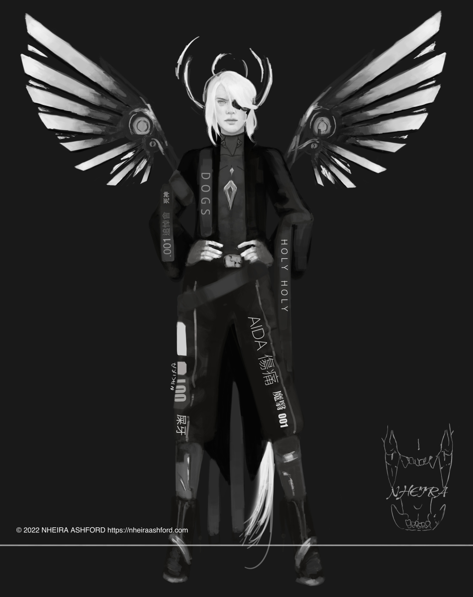 A fullbody portrait of a character that is drawn in grayscale. The character has their hands resting on their hips and they're looking at the viewer with a displeased expression. They have long hair that hangs down to their feet. They wear cyberpunk and techwear inspired clothing; it has various writings on the fabric in different languages.