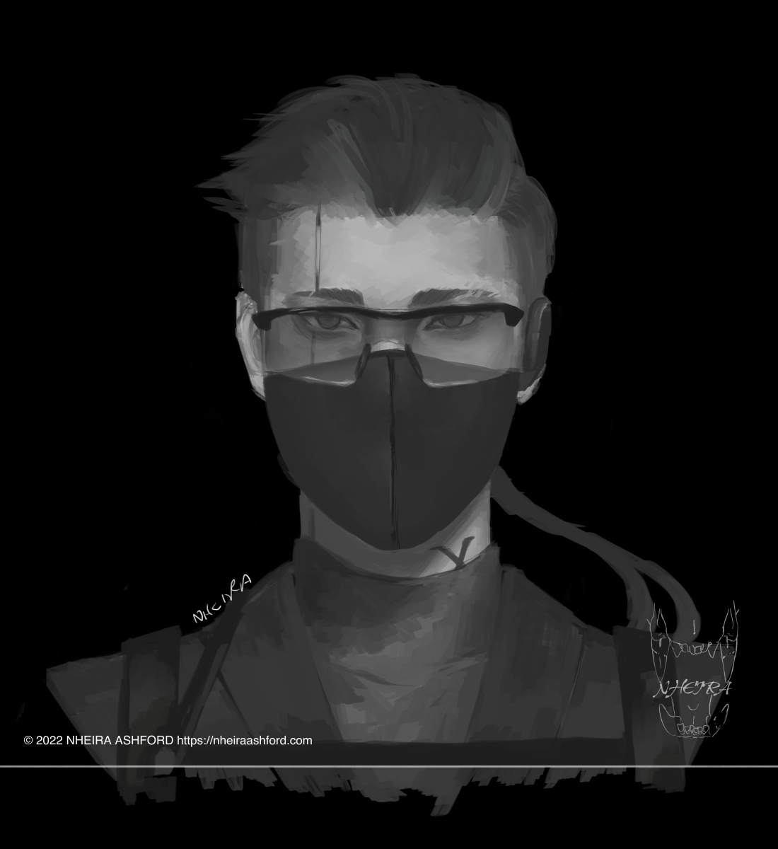 A portrait of a character that is drawn in grayscale. He has short hair in the front, long in the back. A mask covers the lower half of his face and he wears tac-style glasses. His clothes consist of a turtleneck shirt and vest over that. A small part of his harness can be seen.
