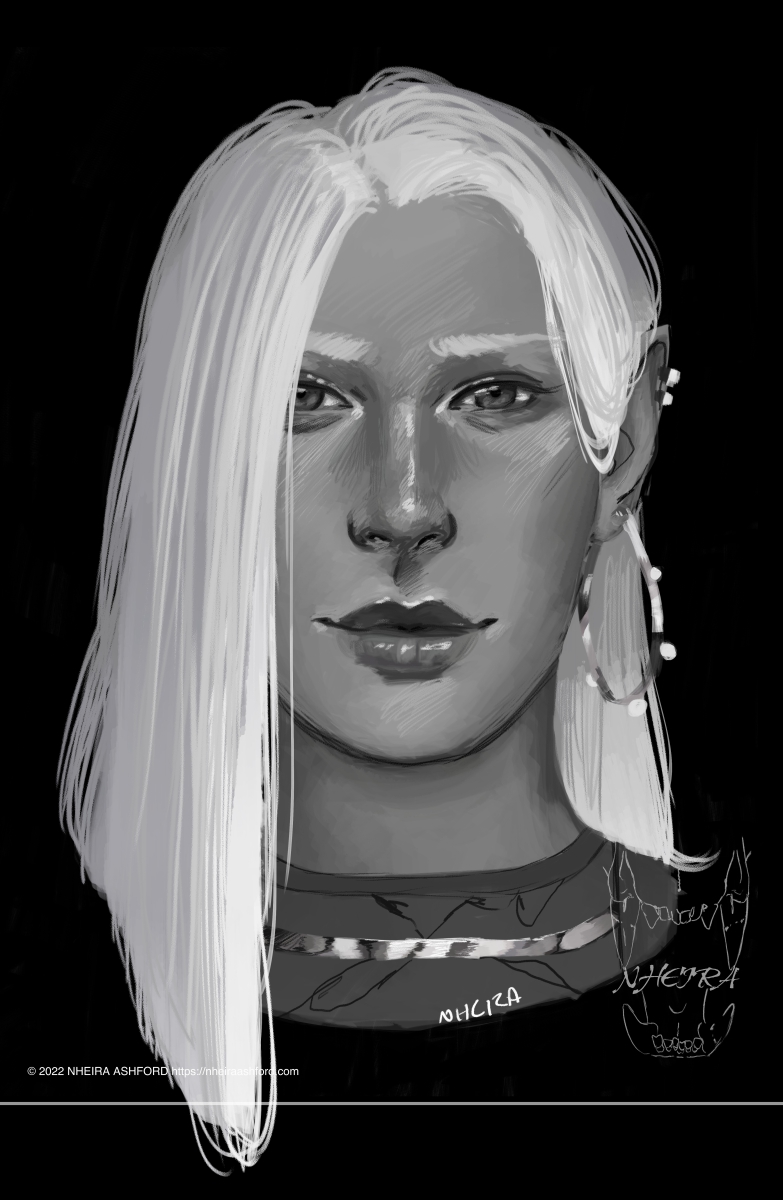 A portrait of a long haired woman, she is drawn in grayscale. This is an updated version of the original piece. In this image, her hair is stark white and her skin a light gray. She wears a tight necked top and a shiny necklace that has high reflectivity. Her earrings consist of a single visible hoop and two smaller cuff-style earrings.