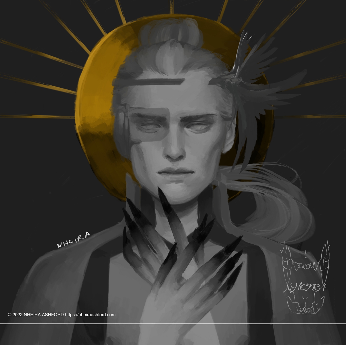 A portrait of a character that is drawn in grayscale. They have long hair that is tied up in the back. They wear a high necked robe and a monocle over one eye. They have a circlet around their head, one side has a wing decoration. Behind them is a sun, the only thing in color and it is a yellow gold.