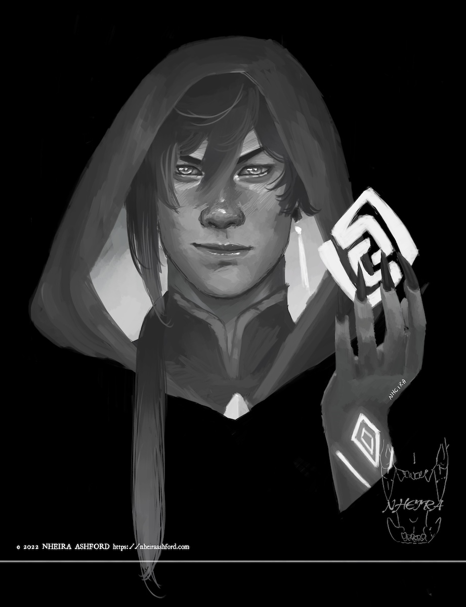 A portrait of Zhongli from Genshin impact drawn in grayscale. He has a smirk on his face and is holding up a clawed hand which has the geo sigil hovering in its palm. He wears the robes he wore during the Archon War instead of what he is seen wearing in game.