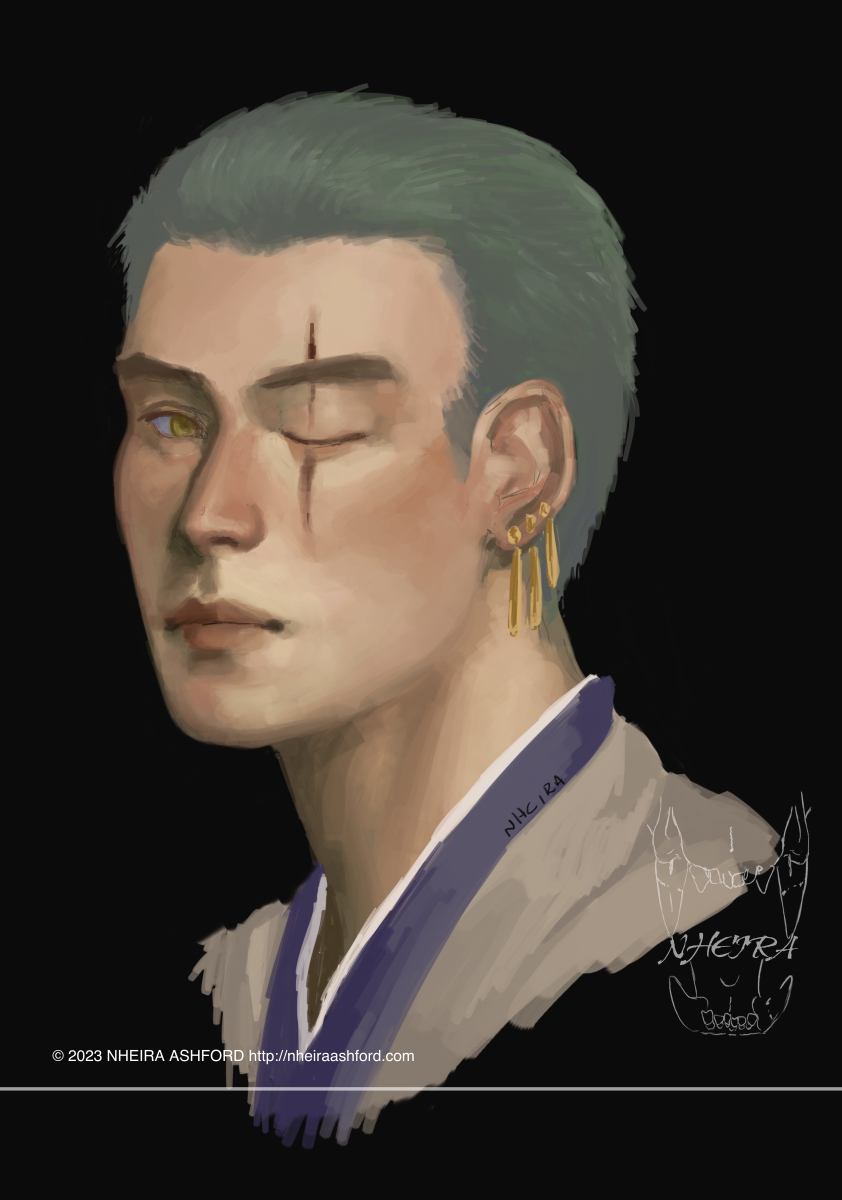 A portrait of a man with short green hair that's swept back. His left eye is scarred shut. He wears traditional Japanese clothing in an off white/purple color scheme. This character is Zoro from One Piece.