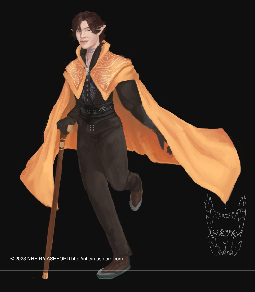 A fullbody portrait of a character that is wearing a bright orange cloak/cape and has a cane in her right hand. The cane appears to be made of a reddish brown wood with a few gold embellishments to give it some flare. She wears an outfit that consists of browns, grays and some blacks. She's posed in such a way that she appears as though she's been caught mid-run in a light hearted manner. 